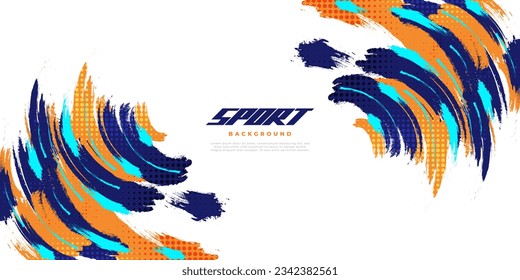 Abstract and Colorful Brush Background with Halftone Effect. Sport Banner Dominated with Blue and Orange Color. Brush Stroke Illustration. Scratch and Texture Elements For Design