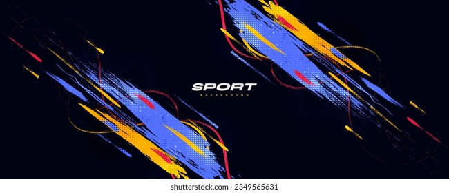 Abstract and Colorful Brush Background with Halftone Effect. Brush Stroke Illustration for Banner, Poster, or Sports Background. Scratch and Texture Elements For Design
