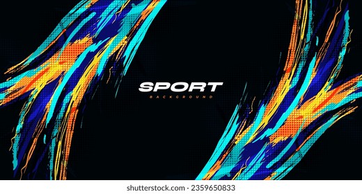 Abstract and Colorful Brush Background with Halftone Effect. Sport Banner. Brush Stroke Illustration. Scratch and Texture Elements For Design