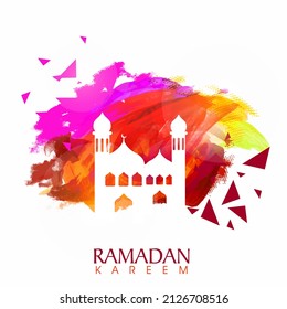 Abstract colorful brush stroke background with White Mosque for Ramadan Kareem Concept.