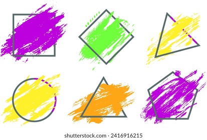 Abstract colorful brush strokes inside geometric shapes on a white background. Artistic and dynamic design elements for creative visuals. Modern, trendy splash banners vector illustration.
