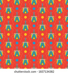 Abstract colorful Bugs. Cartoon style Insects. Minimalistic Icons. Simple flat geometric design for kids. Bright Vector illustration. Square Seamless Pattern. Red Background, Wallpaper
