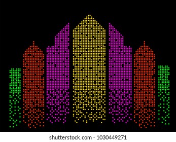 Abstract colorful building of pixels. Silhouette of megacity. Vector