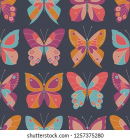 Abstract Colorful Butterflies on Dark grey Background Vector Seamless Pattern. Bold and Bright Insecets Elegant Texture