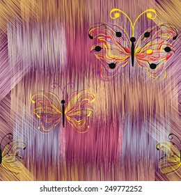 Abstract colorful butterflies on grunge striped rainbow background in seamless design