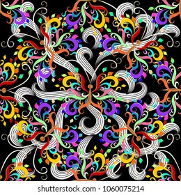 Abstract colorful butterflies seamless pattern. Vector floral background. Hand drawn colored vintage flowers, leaves, swirls, lines, butterflies, sriped curves. Fantasy ornaments. Design for fabric