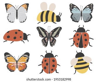 Abstract Colorful Butterfly, Bee, Ladybug Set, Boho Spring Insect Collection, Happy Easter, Nature Art Decoration, Vector Illustration