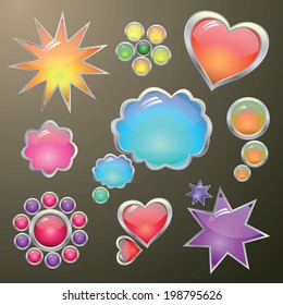 Abstract colorful buttons in form of cloud, sun, flower, star, heart on dark background