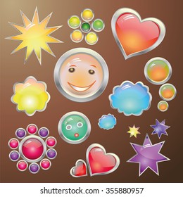 Abstract colorful buttons in form of cloud, sun, flower, star, heart and smiles on brown background