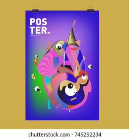 Abstract Colorful Cartoon Character Cover and Poster Design Template. 3d Gradient Embryo Shape and Pattern Layout Design Template.