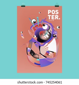 Abstract Colorful Cartoon Character Cover and Poster Design Template. 3d Gradient Embryo Shape and Pattern Layout Design Template.