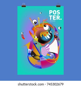 Abstract Colorful Cartoon Character Cover and Poster Design Template. 3d Gradient Embryo Shape and Pattern Layout Design Template.