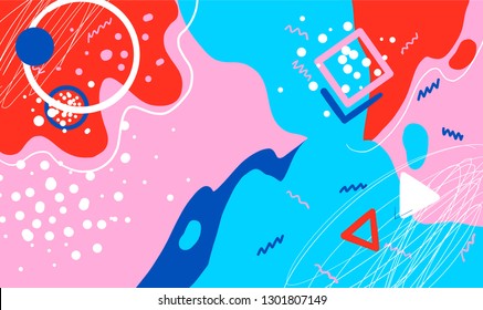 Abstract colorful cartoon color splash banner design background. Art collage creative doodle overlay colorful pattern geometric dot, line, shape in trendy animation retro memphis style. Vector EPS10