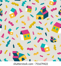 Abstract colorful cartoon house pattern background. Vector illustration
