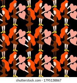 Abstract Colorful Cartoon Women and Hearts Drawing Seamless Vector Pattern Isolated Background 