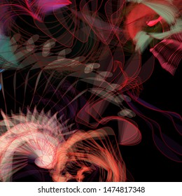 Abstract colorful chaos. Beautiful wireframe structure formed by the interweaving of smoothly curved lines against black backdrop. Vector illustration. Strange and creative conceptual wallpaper.
