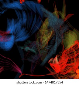 Abstract colorful chaos. Beautiful wireframe structure formed by the interweaving of smoothly curved lines against black backdrop. Vector illustration. Strange and creative conceptual wallpaper.