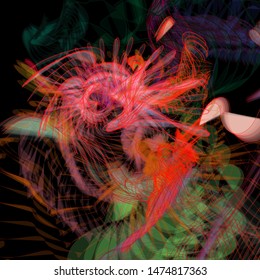 Abstract colorful chaos. Beautiful wireframe structure formed by the interweaving of smoothly curved lines against black backdrop. Vector illustration. Strange and creative conceptual wallpaper.