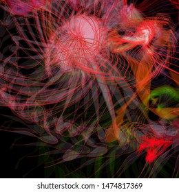 Abstract colorful chaos. Beautiful wireframe structure formed by the interweaving of smoothly curved lines against black backdrop. Vector illustration. Strange and creative conceptual wallpaper.