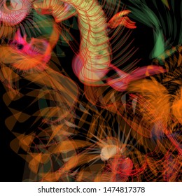 Abstract colorful chaos. Beautiful wireframe structure formed by the interweaving of smoothly curved lines against black backdrop. Vector illustration. Strange and creative conceptual wallpaper.