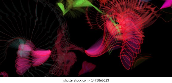 Abstract colorful chaos. Beautiful wireframe structure formed by the interweaving of smoothly curved lines against black backdrop. Vector illustration. Strange and creative conceptual wallpaper.