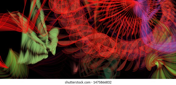 Abstract colorful chaos. Beautiful wireframe structure formed by the interweaving of smoothly curved lines against black backdrop. Vector illustration. Strange and creative conceptual wallpaper.