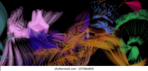 Abstract colorful chaos. Beautiful wireframe structure formed by the interweaving of smoothly curved lines against black backdrop. Vector illustration. Strange and creative conceptual wallpaper.