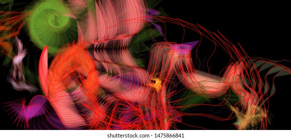 Abstract colorful chaos. Beautiful wireframe structure formed by the interweaving of smoothly curved lines against black backdrop. Vector illustration. Strange and creative conceptual wallpaper.
