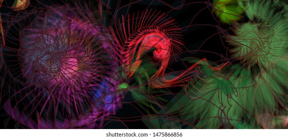 Abstract colorful chaos. Beautiful wireframe structure formed by the interweaving of smoothly curved lines against black backdrop. Vector illustration. Strange and creative conceptual wallpaper.