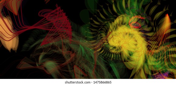 Abstract colorful chaos. Beautiful wireframe structure formed by the interweaving of smoothly curved lines against black backdrop. Vector illustration. Strange and creative conceptual wallpaper.