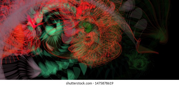 Abstract colorful chaos. Beautiful wireframe structure formed by the interweaving of smoothly curved lines against black backdrop. Vector illustration. Strange and creative conceptual wallpaper.