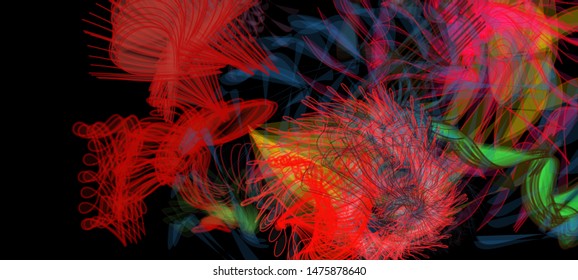 Abstract colorful chaos. Beautiful wireframe structure formed by the interweaving of smoothly curved lines against black backdrop. Vector illustration. Strange and creative conceptual wallpaper.