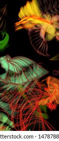 Abstract colorful chaos. Beautiful wireframe structure formed by the interweaving of smoothly curved lines against black backdrop. Vector illustration. Strange and creative conceptual wallpaper.