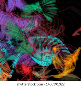 Abstract colorful chaos. Beautiful wireframe structure formed by the interweaving of smoothly curved lines against black backdrop. Vector illustration. Strange and creative conceptual wallpaper.