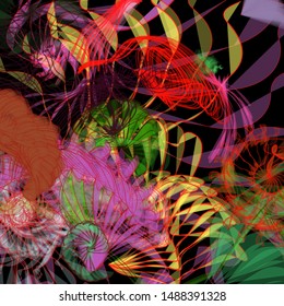 Abstract colorful chaos. Beautiful wireframe structure formed by the interweaving of smoothly curved lines against black backdrop. Vector illustration. Strange and creative conceptual wallpaper.