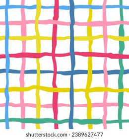 Abstrakte farbige, karierte, nahtlose Muster. Vektorgrafik mit handgezeichneten Streifen