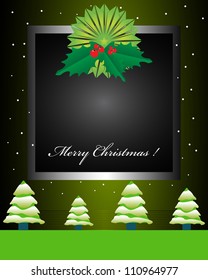 Abstract colorful Christmas card with green star, mistletoe, black frame, snowflakes and small Christmas trees covered by snow