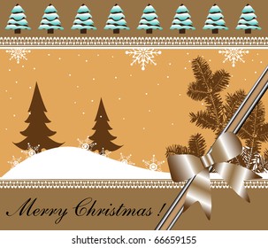 Abstract colorful Christmas card with small fir trees covered by snow, snowflakes, fir branch and brown bow