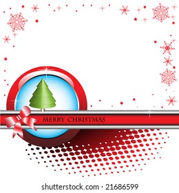Abstract colorful Christmas card with snowflakes, red bow and green fir tree