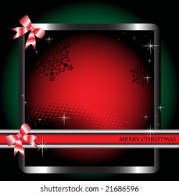 Abstract colorful Christmas frame with red bows, red banner and small shiny stars