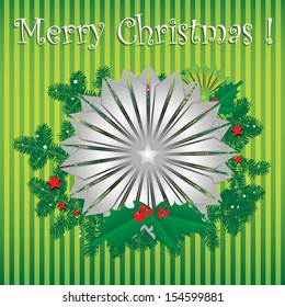 Abstract colorful Christmas greeting with a silver flower in the middle of fir branches, red stars and mistletoe. Christmas concept