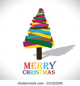 Abstract colorful christmas tree on white background- vector graphic. This illustration shows xmas tree made of  paper in various colors with colorful text merry christmas