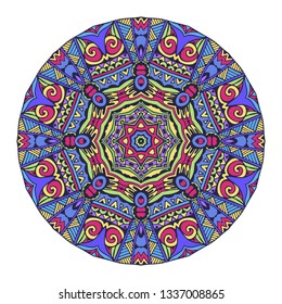 Abstract colorful circle backdrop. Geometric vector mandala. Mosaic zen art inspired decorative element.