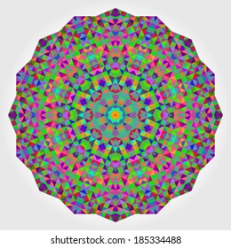 Abstract colorful circle backdrop. Geometric vector mandala. Mosaic banner of geometric shapes. Red Green Orange Purple Lilac Blue Violet Magenta Colour Round Shape Background