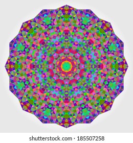 Abstract colorful circle backdrop. Geometric vector mandala. Mosaic banner of geometric shapes. Red Green Orange Purple Lilac Blue Violet Magenta Colour Round Shape Background