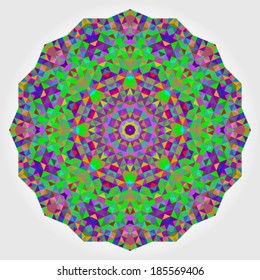 Abstract colorful circle backdrop. Geometric vector mandala. Mosaic banner of geometric shapes. Red Green Orange Purple Lilac Blue Violet Magenta Colour Round Shape Background