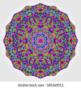 Abstract colorful circle backdrop. Geometric vector mandala. Mosaic banner of geometric shapes. Red Green Orange Purple Lilac Blue Violet Magenta Color Round Shape Background