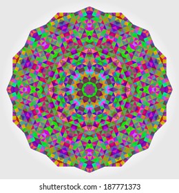Abstract colorful circle backdrop. Geometric vector mandala. Mosaic banner of geometric shapes. Red Green Orange Purple Lilac Blue Violet Magenta Color Round Shape Background
