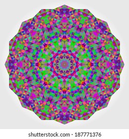 Abstract colorful circle backdrop. Geometric vector mandala. Mosaic banner of geometric shapes. Red Green Orange Purple Lilac Blue Violet Magenta Color Round Shape Background