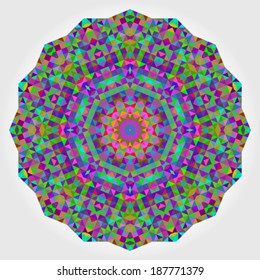 Abstract colorful circle backdrop. Geometric vector mandala. Mosaic banner of geometric shapes. Red Green Orange Purple Lilac Blue Violet Magenta Color Round Shape Background